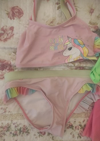 Pembe Unicorn Baskılı Kız Bikini