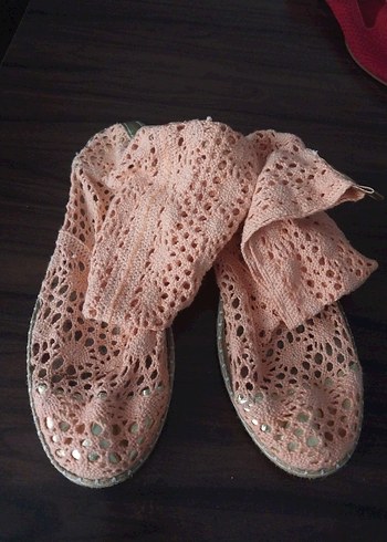 Pembe İşlemeli Örgü Dantel Topuklu Espadril - Görsel 2