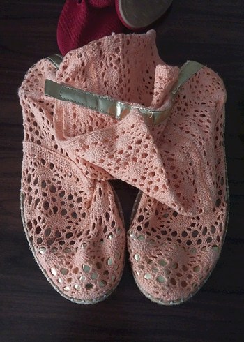 Pembe İşlemeli Örgü Dantel Topuklu Espadril - Görsel 7