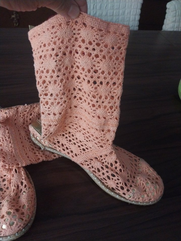 Pembe İşlemeli Örgü Dantel Topuklu Espadril - Görsel 5