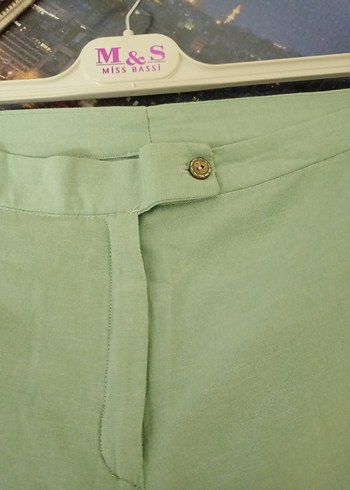 Kadın Yeşil Keten Regular Fit Pantolon - Görsel 6