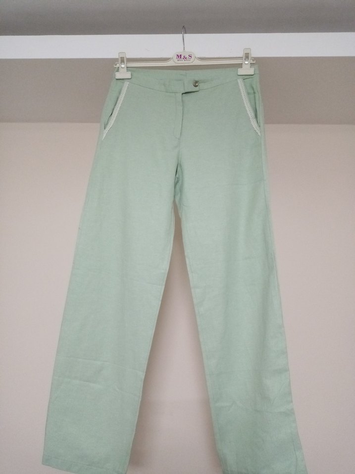 Kadın Yeşil Keten Regular Fit Pantolon - Görsel 2