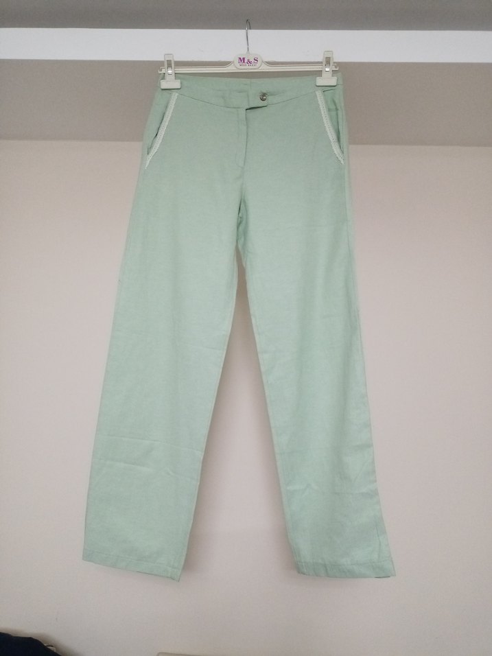 Kadın Yeşil Keten Regular Fit Pantolon - Görsel 3