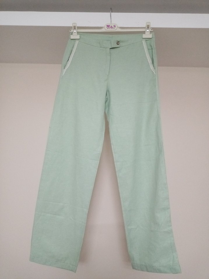 Kadın Yeşil Keten Regular Fit Pantolon - Görsel 4