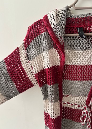 Bordo Gri Çizgili V Yaka Bohem Triko Kazak - Görsel 3