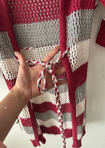 Bordo Gri Çizgili V Yaka Bohem Triko Kazak - Görsel 2