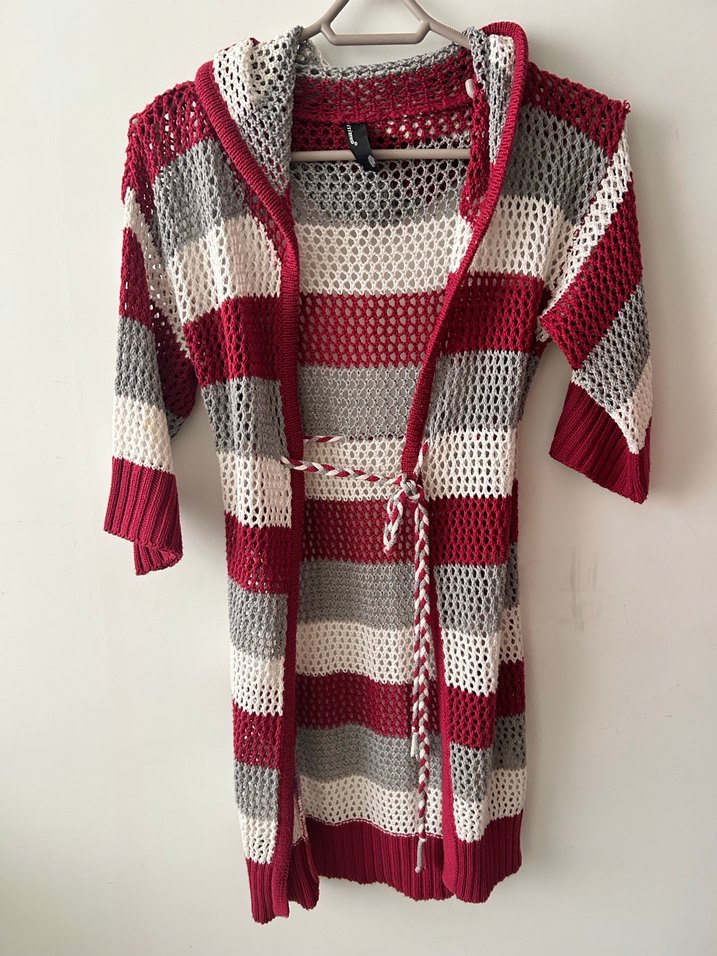 Bordo Gri Çizgili V Yaka Bohem Triko Kazak - Görsel 4