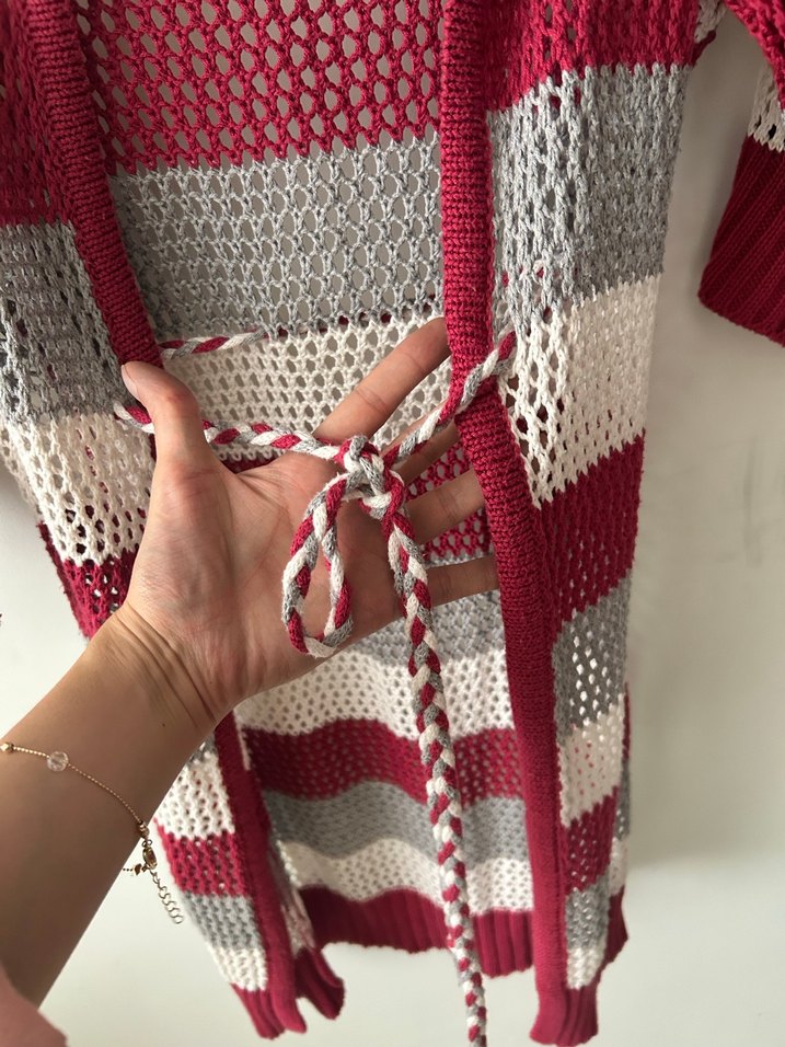 Bordo Gri Çizgili V Yaka Bohem Triko Kazak - Görsel 2