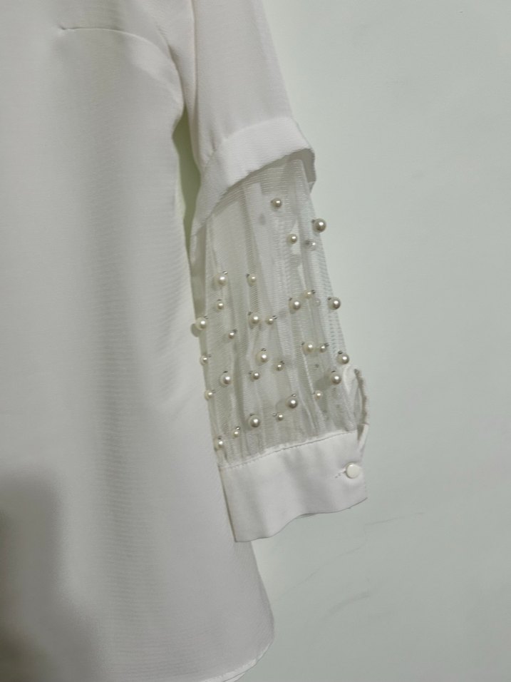İnci Detaylı Beyaz Uzun Kollu Gömlek - Görsel 3