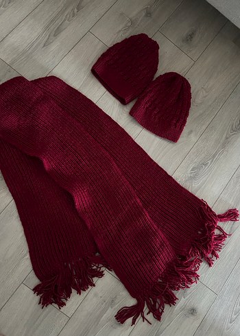Bordo renk Örgü Bere ve Atkı Takımı - Görsel 7