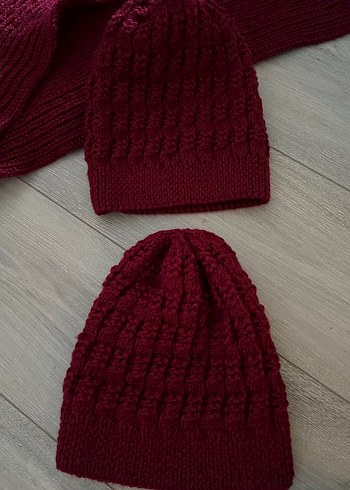 Bordo renk Örgü Bere ve Atkı Takımı - Görsel 9