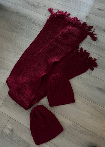 Bordo renk Örgü Bere ve Atkı Takımı - Görsel 8