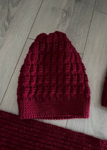 Bordo renk Örgü Bere ve Atkı Takımı - Görsel 2