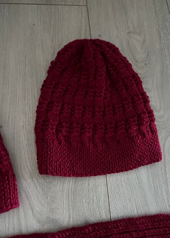 Bordo renk Örgü Bere ve Atkı Takımı - Görsel 3