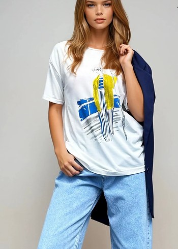 Beyaz Baskılı Kısa Kollu Salaş Tişört - Görsel 2