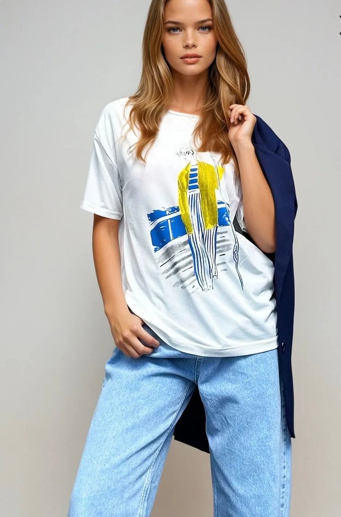 Beyaz Baskılı Kısa Kollu Salaş Tişört - Görsel 2