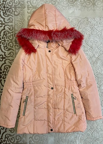 Kız Çocuk Bej Kapüşonlu Kürklü Mont - Görsel 3