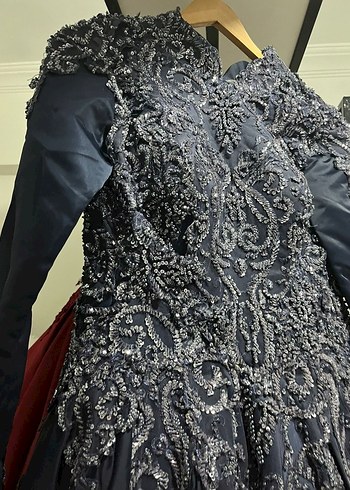 Lacivert İşlemeli Uzun Kollu Drape Nişan Elbisesi - Görsel 2