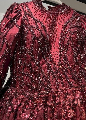 Bordo Payetli Uzun Kollu Nişan Elbisesi - Görsel 2