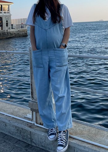 Kadın hamile Mavi Denim Salaş Tulum - Görsel 2