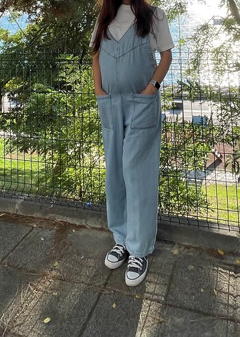 Kadın hamile Mavi Denim Salaş Tulum - Görsel 3
