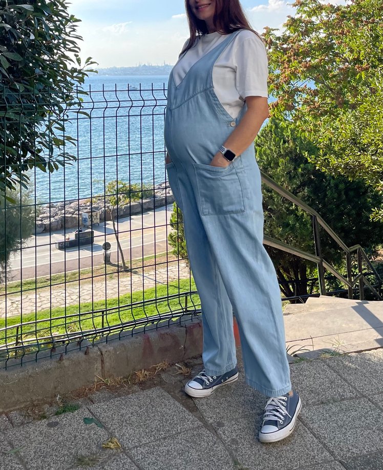 Kadın hamile Mavi Denim Salaş Tulum - Görsel 4