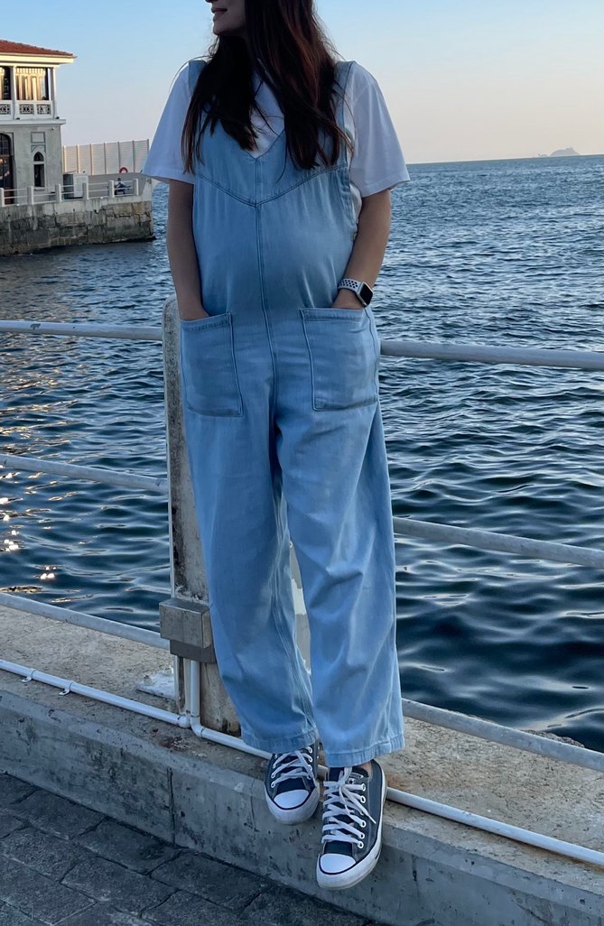 Kadın hamile Mavi Denim Salaş Tulum - Görsel 2