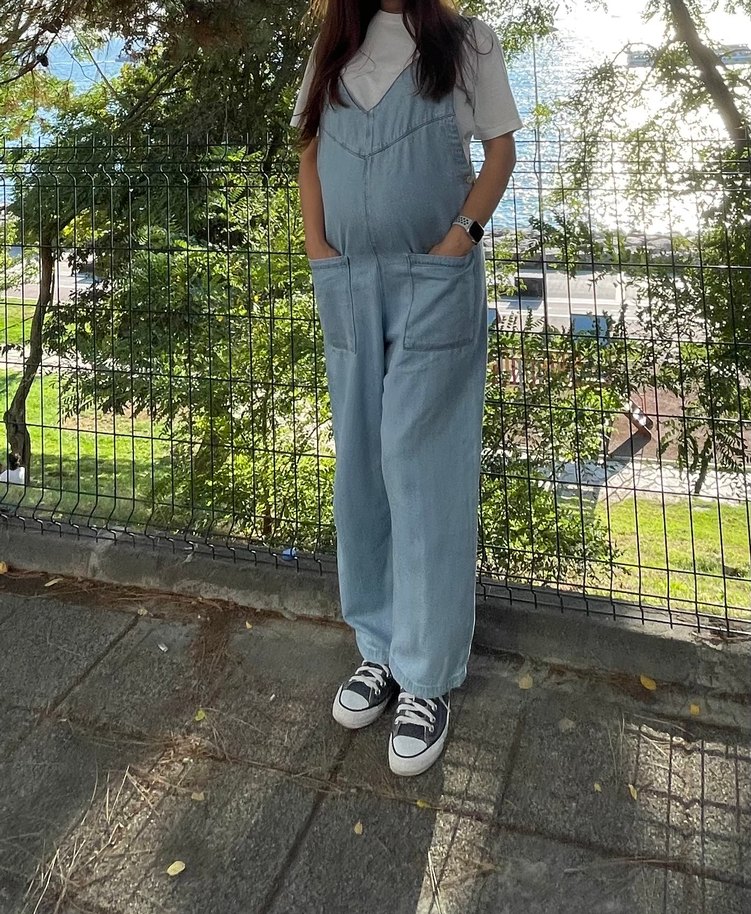 Kadın hamile Mavi Denim Salaş Tulum - Görsel 3