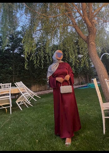 Bordo Uzun Kollu Salaş Abiye Elbise