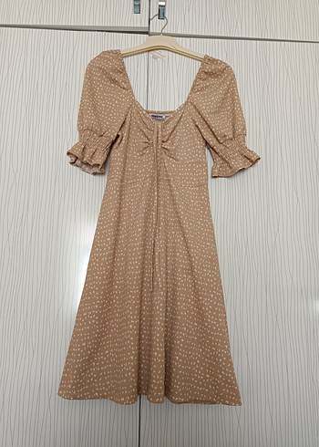 Bej Puantiyeli Bohem Uzun Keten Elbise - Görsel 2