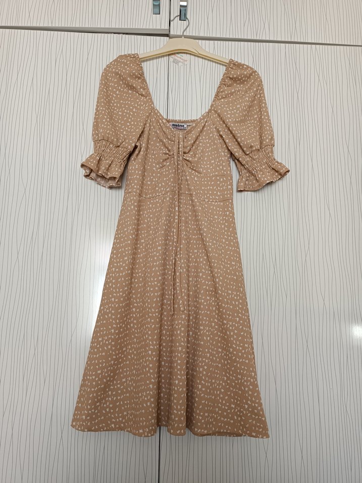 Bej Puantiyeli Bohem Uzun Keten Elbise - Görsel 2