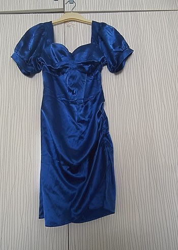 Parlak Mavi Drapeli Midi Kadın Elbise - Görsel 2