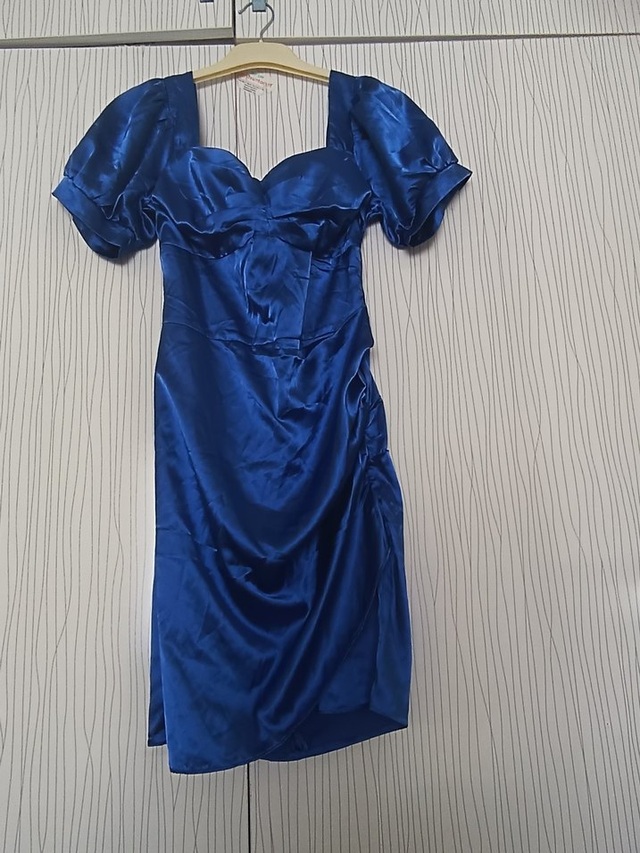 Parlak Mavi Drapeli Midi Kadın Elbise - Görsel 2