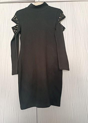 Siyah Uzun Kollu Yüksek Yaka Gotik Elbise - Görsel 3