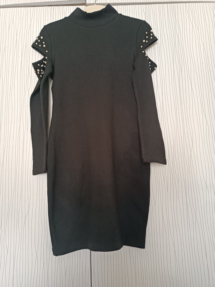 Siyah Uzun Kollu Yüksek Yaka Gotik Elbise - Görsel 3