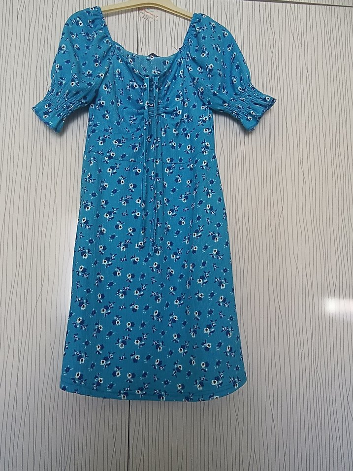 Mavi Bohem Midi Elbise, Kısa Kollu - Görsel 2