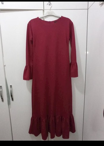 Diğer Bordo Uzun Kollu Fırfırlı Kadın Elbise