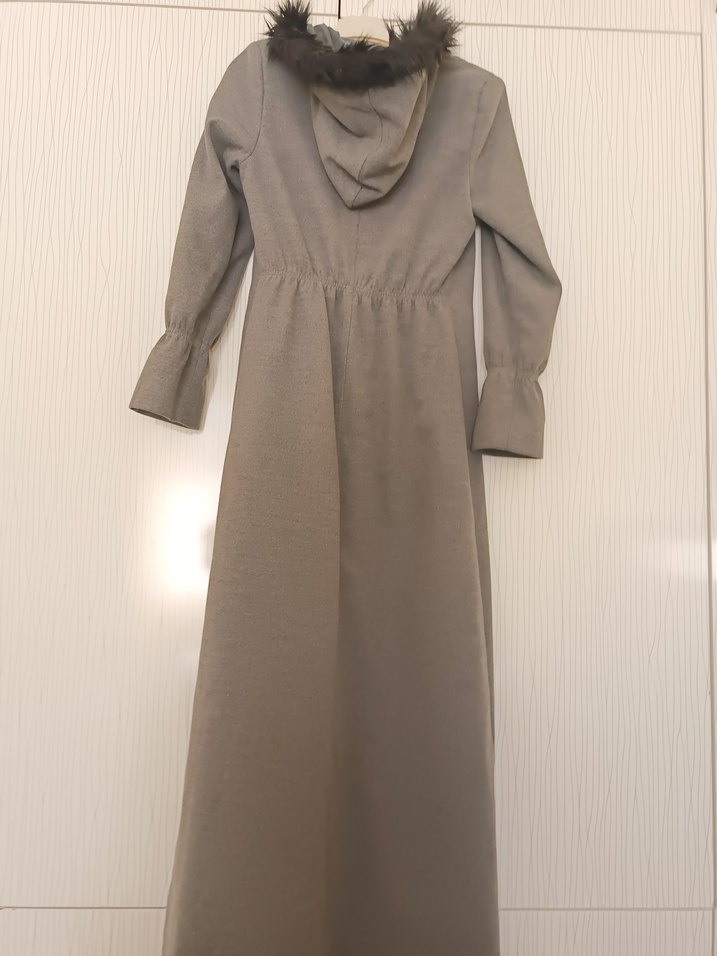 Düğmeli Uzun Kadın Kaban Gri Keten - Görsel 2