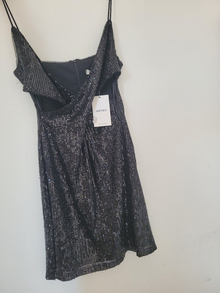 Payetli Siyah Mini Desenli Abiye Gece Elbisesi - Görsel 4