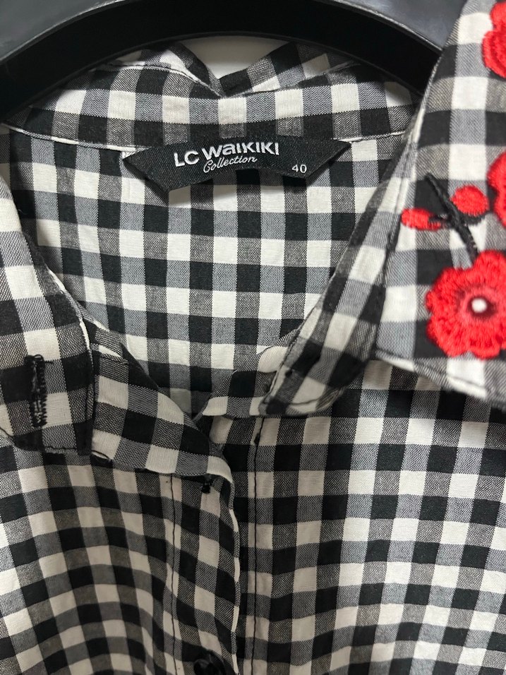Düğmeli Siyah Beyaz Kareli Kadın Gömlek - Görsel 2
