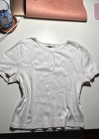 Pencere detaylı Kısa Kollu Beyaz tişört