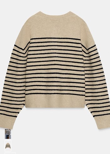 Bej Çizgili Kadın Örgü Yün Kazak - Görsel 2