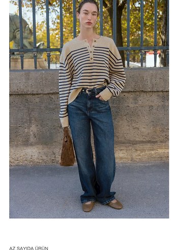 Bej Çizgili Kadın Örgü Yün Kazak - Görsel 4