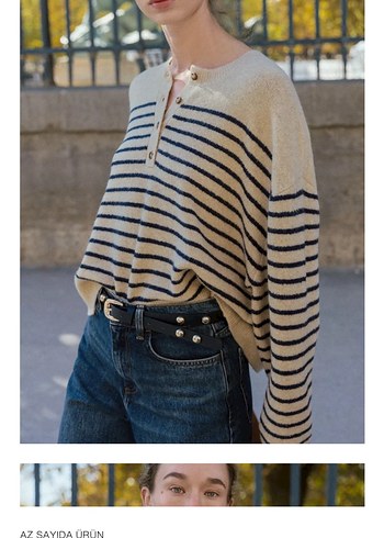 Bej Çizgili Kadın Örgü Yün Kazak - Görsel 5