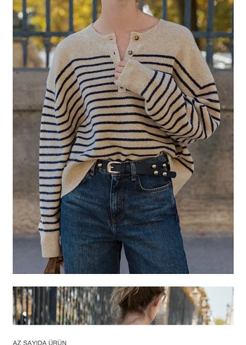 Bej Çizgili Kadın Örgü Yün Kazak - Görsel 7