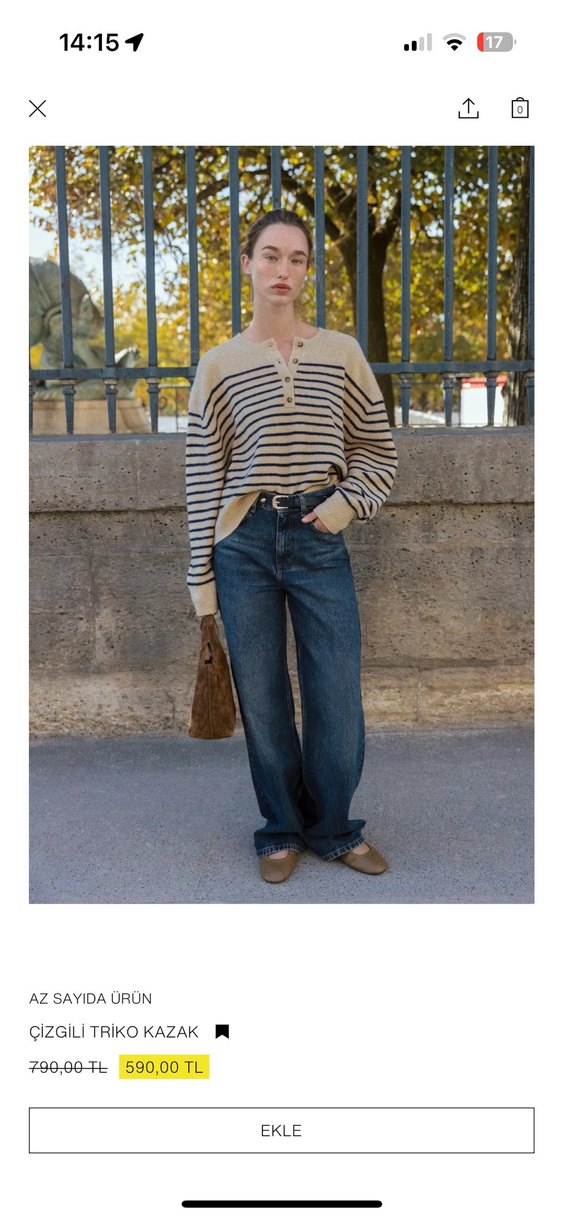 Bej Çizgili Kadın Örgü Yün Kazak - Görsel 4