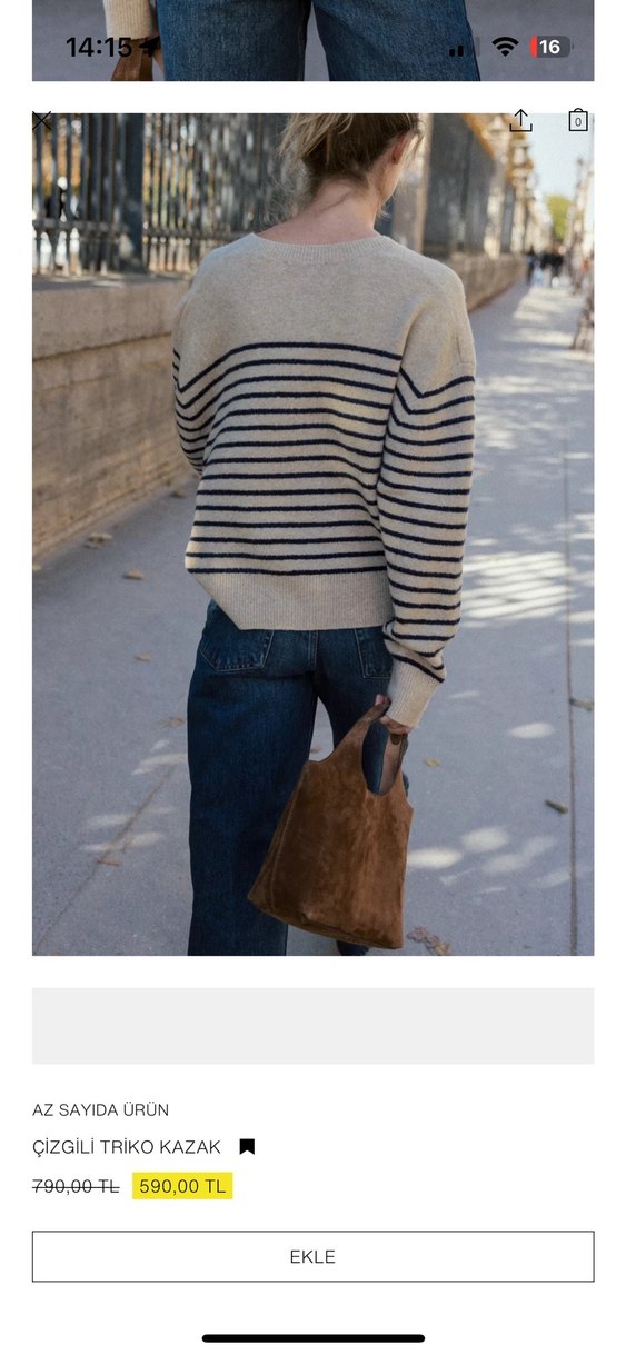 Bej Çizgili Kadın Örgü Yün Kazak - Görsel 3