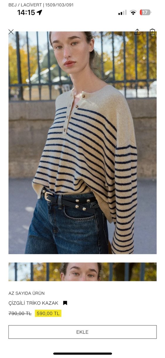 Bej Çizgili Kadın Örgü Yün Kazak - Görsel 5