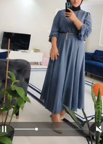 Diğer Uzun Kollu İndigo Mavi Kadın Elbise