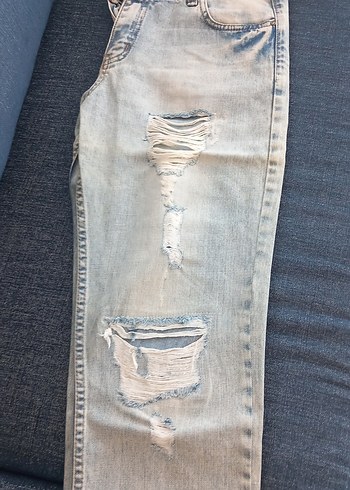 Kadın açık mavi Bol Kesim Yırtık Denim Jean - Görsel 3